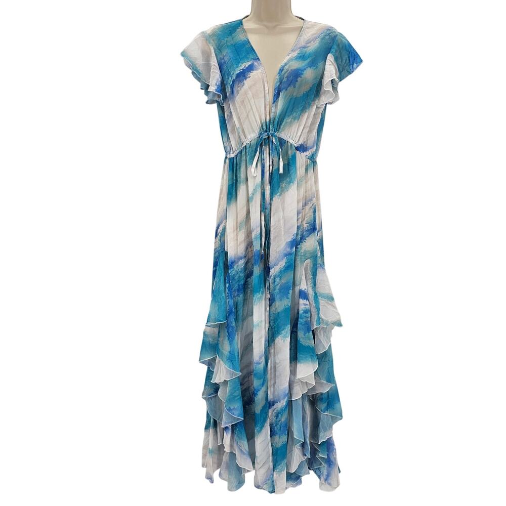 Cupshe Womans size L Watercolor Maxi Swimsuit Cover Up Duster Kimono Blue NEW